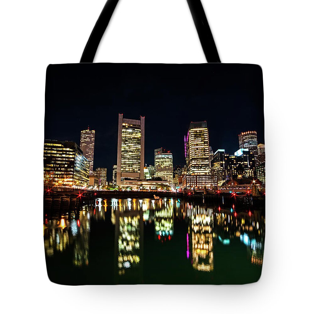 Boston Tote Bag featuring the photograph Boston Skyline Reflection Seaport Boston MA by Toby McGuire