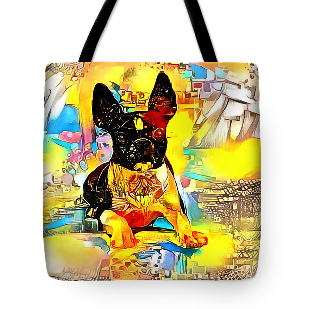 Dog Tote Bag featuring the digital art Boston Terrier dog with bright colors by Gina Koch