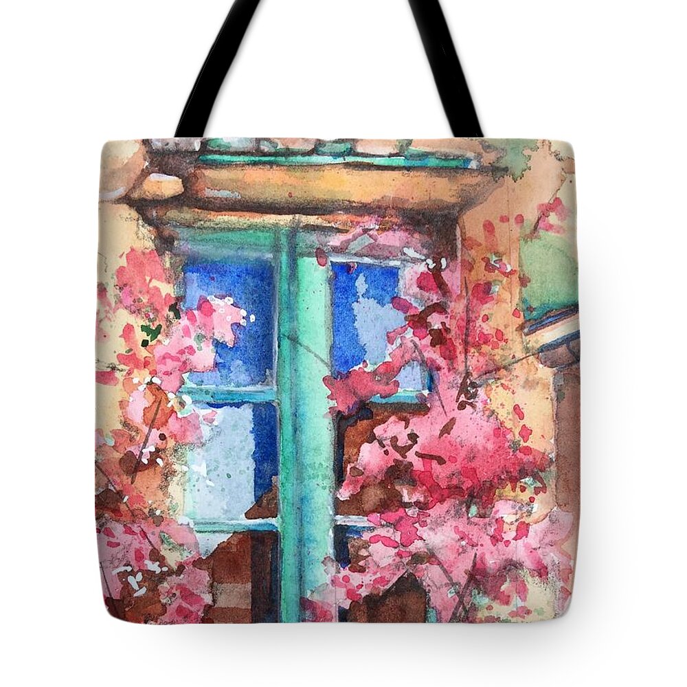 Watercolor Window Tote Bag featuring the painting Bougainvillea reflections by Rebecca Matthews