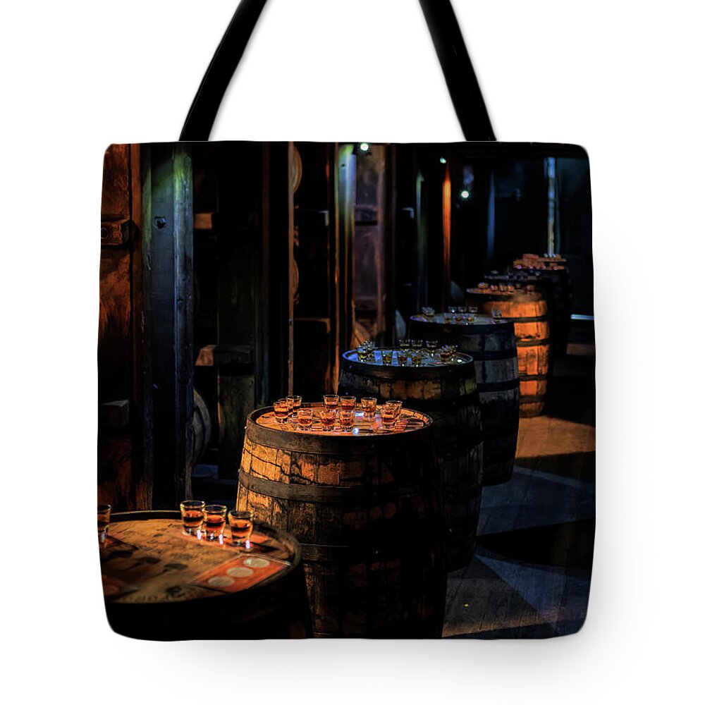 Woodford Reserve Tote Bag featuring the photograph Bourbon Tasting Between the Ricks by Susan Rissi Tregoning