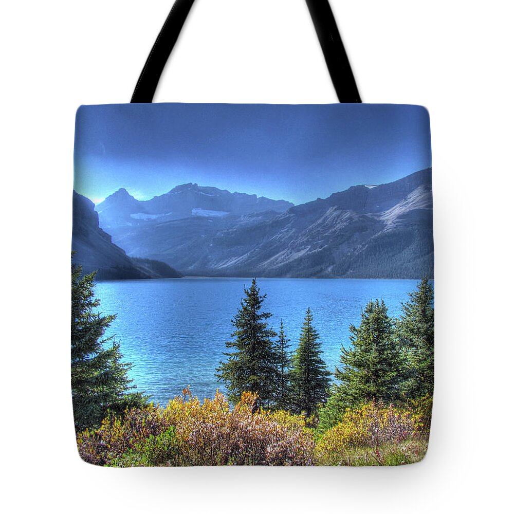 Scenics Tote Bag featuring the photograph Bow Lake by Images By Nancy Chow
