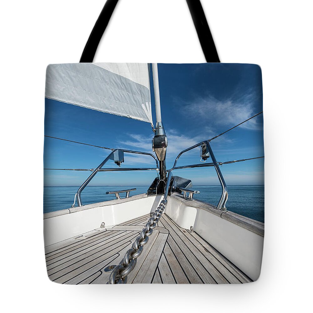 Sailboat Tote Bag featuring the photograph Bow Of 62 Ft Sailboat by Gary S Chapman