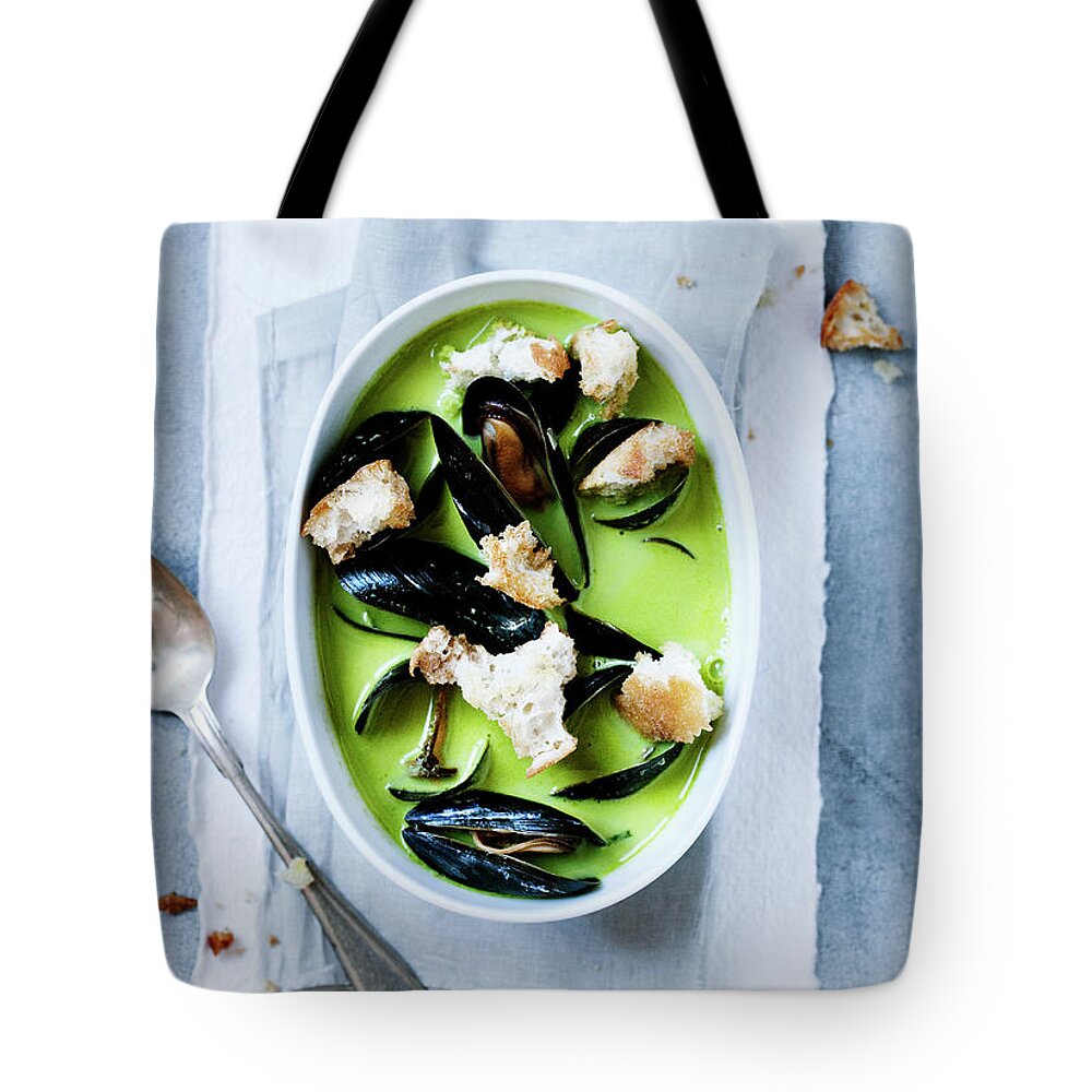 Spoon Tote Bag featuring the photograph Bowl Of Pea And Mussels Soup by Line Klein
