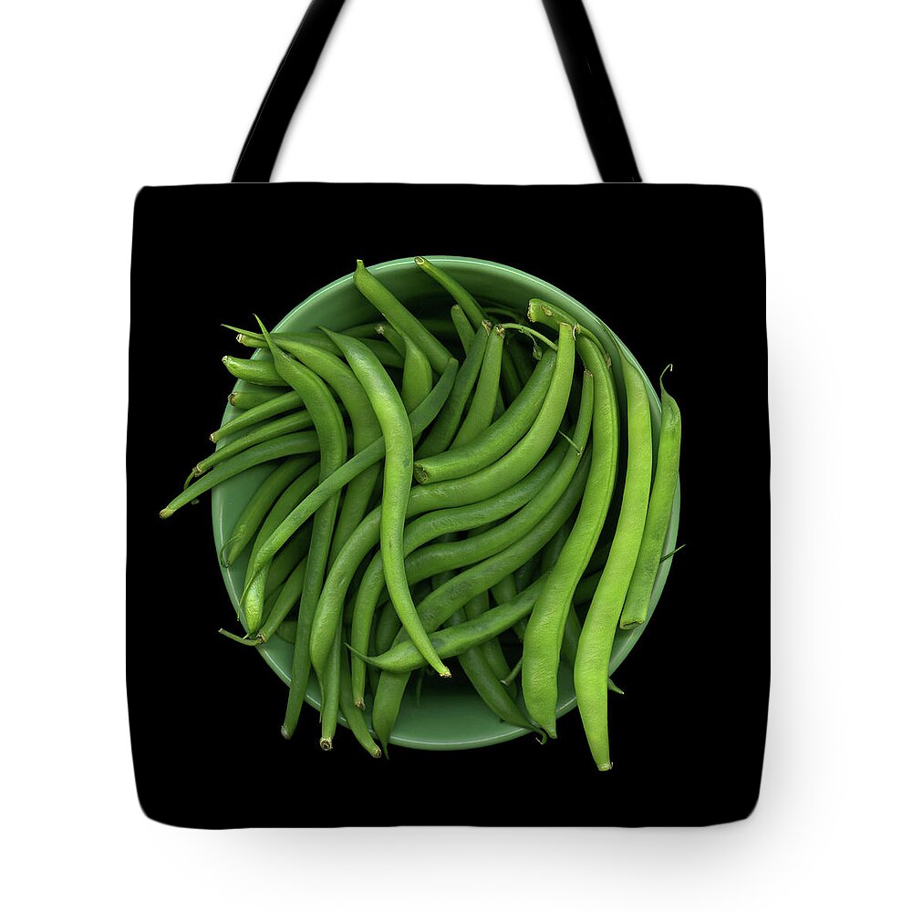 Black Background Tote Bag featuring the photograph Bowl Of Raw Green Beans by Marlene Ford