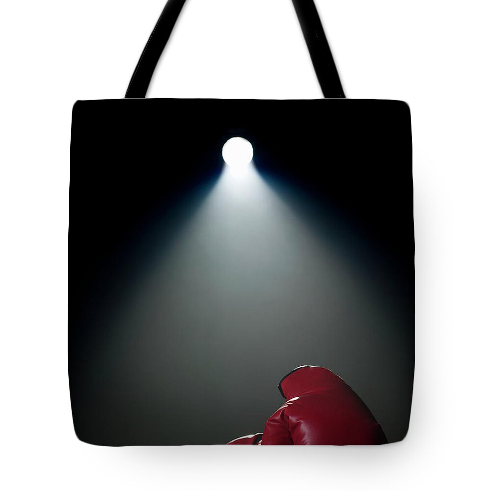 Sport Tote Bag featuring the photograph Boxing Gloves In Spotlight by Siri Stafford