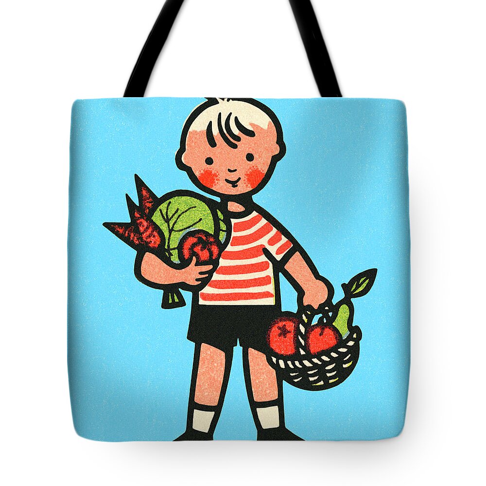 Apple Tote Bag featuring the drawing Boy Holding Fruits and Vegetables by CSA Images