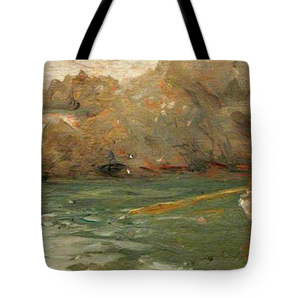 Henry Scott Tuke Tote Bag featuring the painting Boy Rowing Out From a Rocky Shore by Henry Scott Tuke