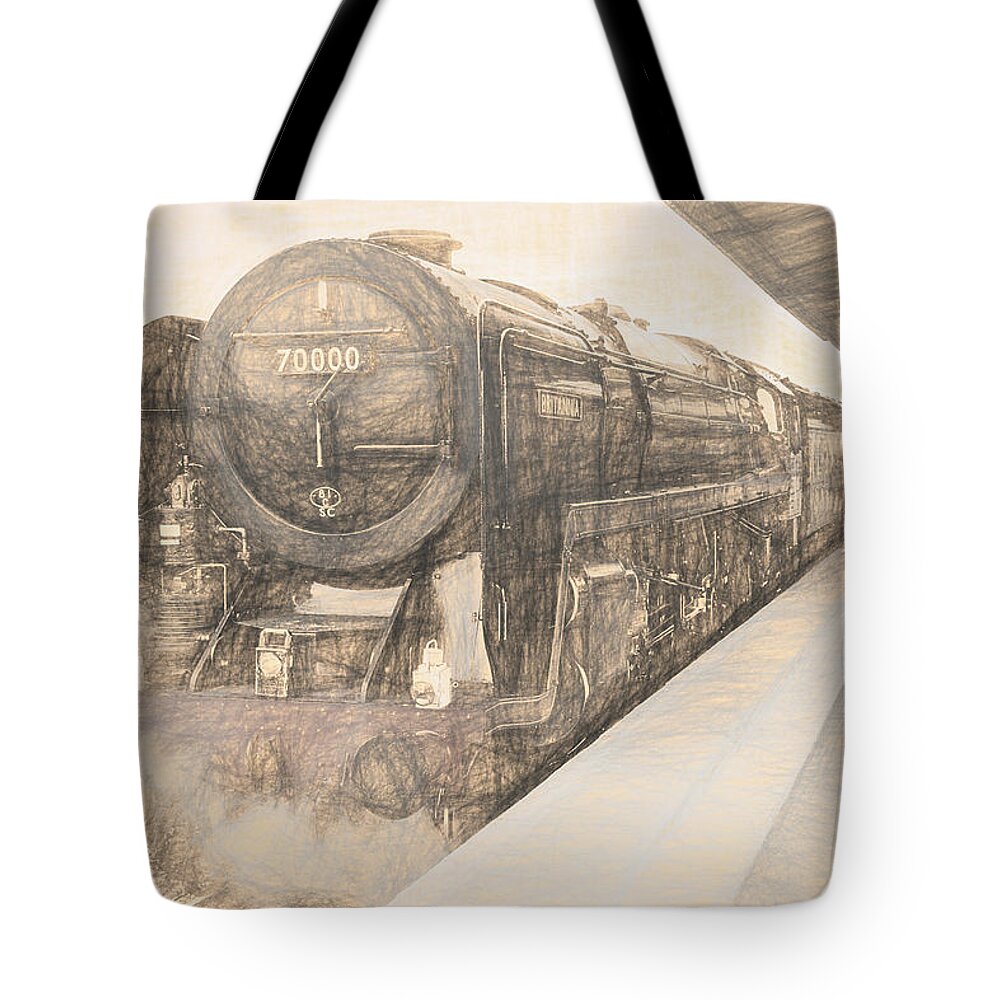 70000 Tote Bag featuring the digital art BR Class 7 Britannia Locomotive Vintage Sketch by Rick Deacon