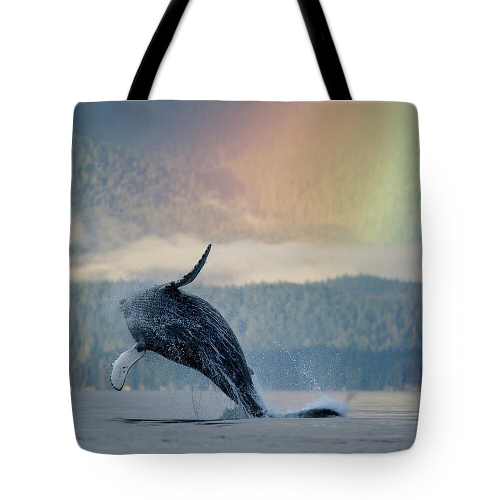 Animal Themes Tote Bag featuring the photograph Breaching Humpback Whale And Rainbow by Paul Souders