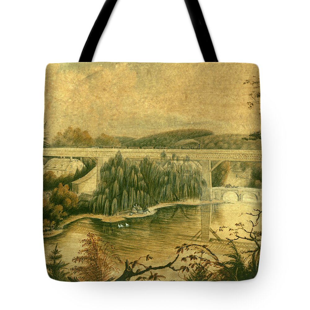 Bridge Tote Bag featuring the drawing Bridge over the Wissahickon Creek, about 1835 by William Breton