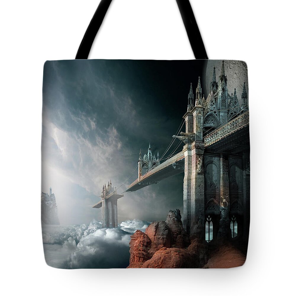 Sky Clouds Rainbow Bridge Haven Gothic Architecture Broken Island Moon Tote Bag featuring the digital art Bridges to the Neverland by George Grie