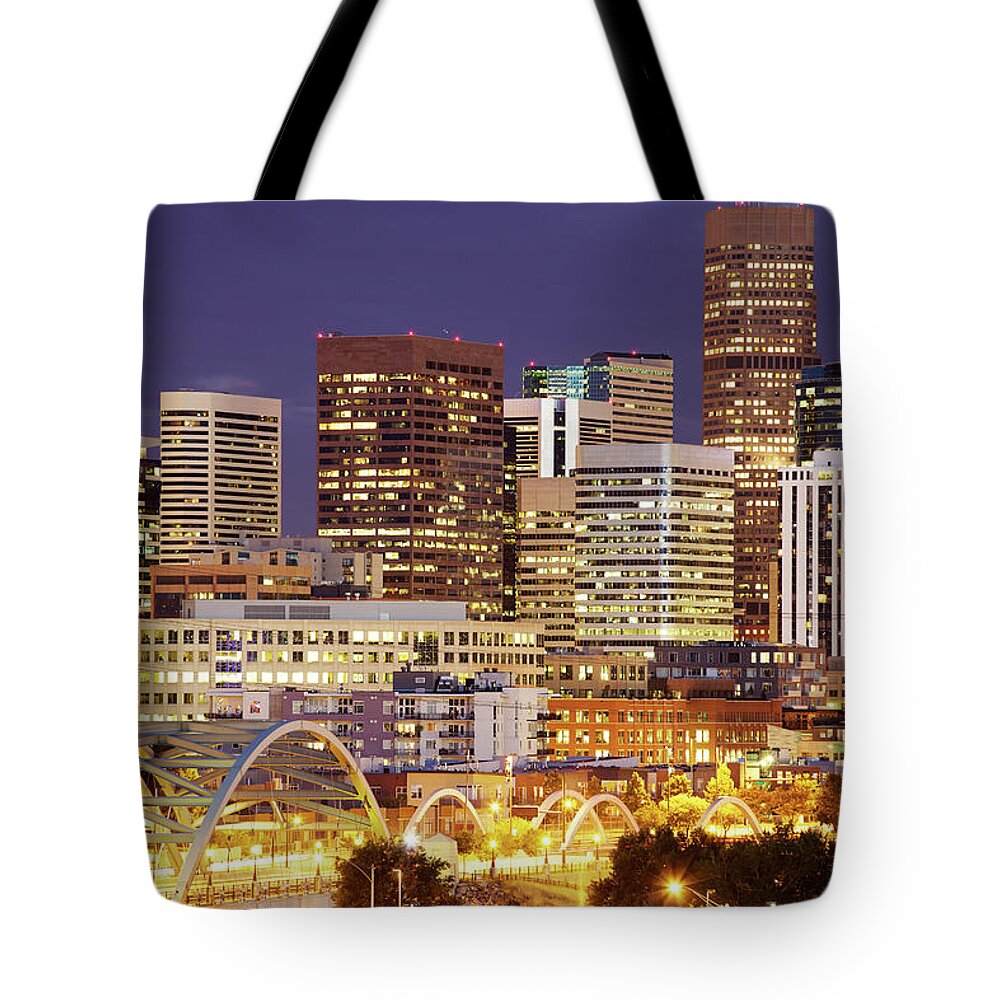 Corporate Business Tote Bag featuring the photograph Bright Lights In Denvers Skyline At by Beklaus