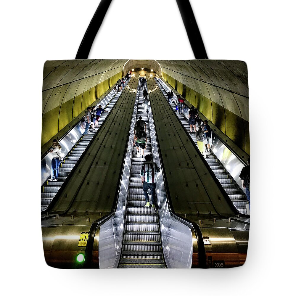 Escalators Tote Bag featuring the photograph Bright Lights, Tall Escalators by Lora J Wilson