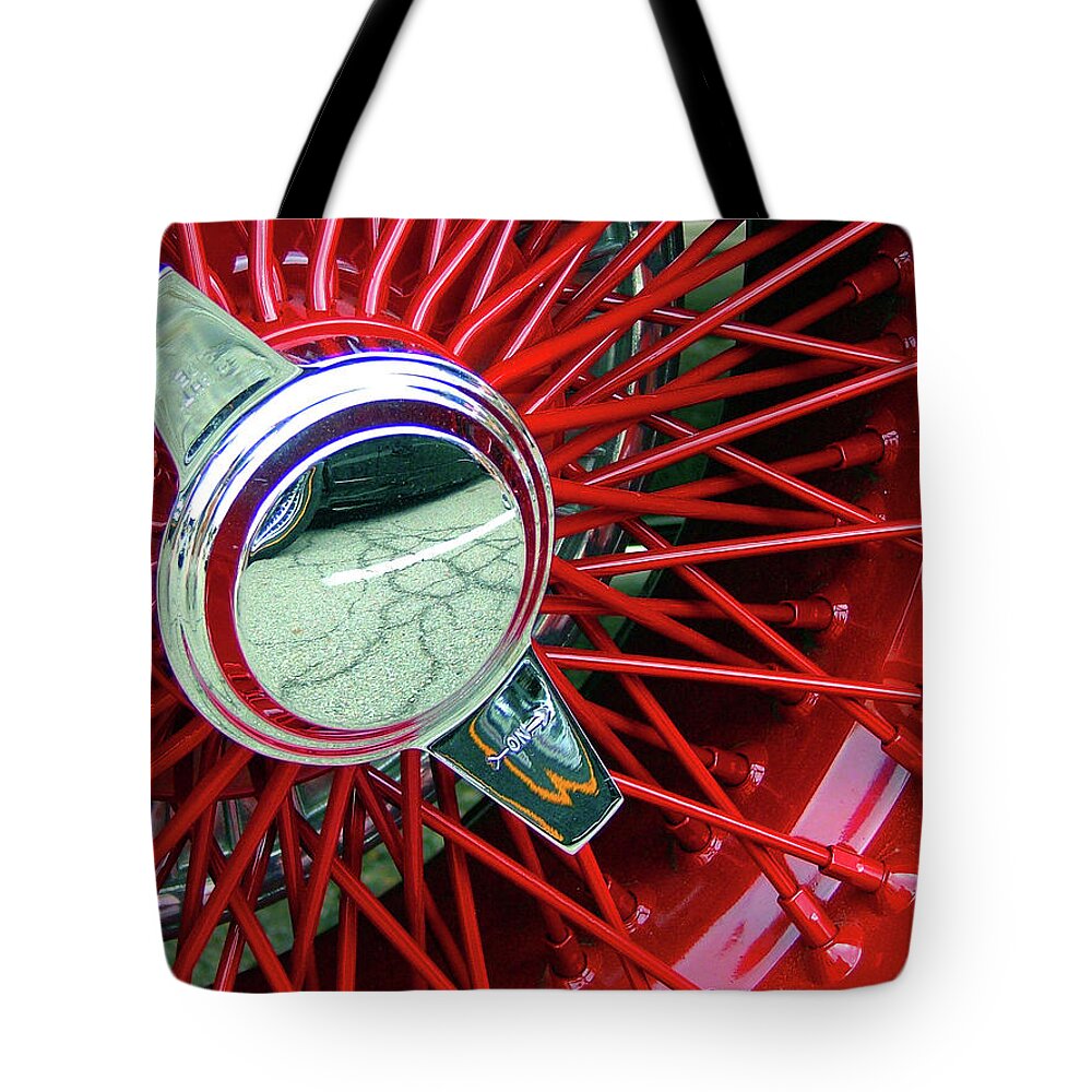 Hot Rod Tote Bag featuring the photograph Bright Red Spokes by Katherine N Crowley