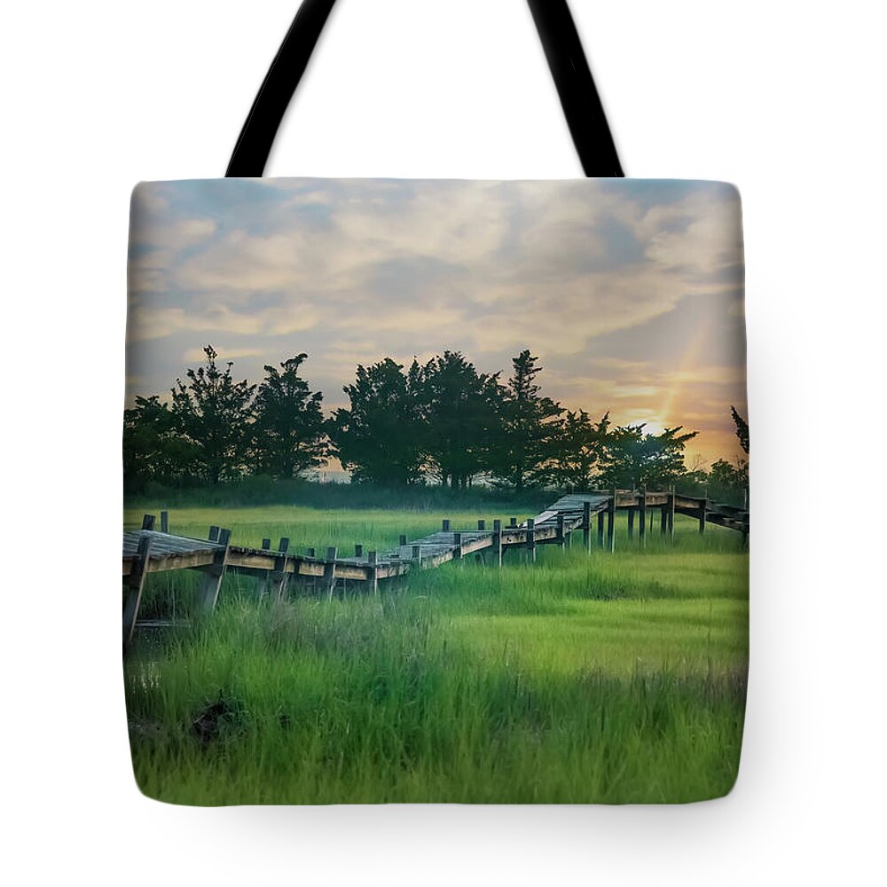 Broken Tote Bag featuring the photograph Broken Old Pier at Sunrise - North Wildwood by Bill Cannon