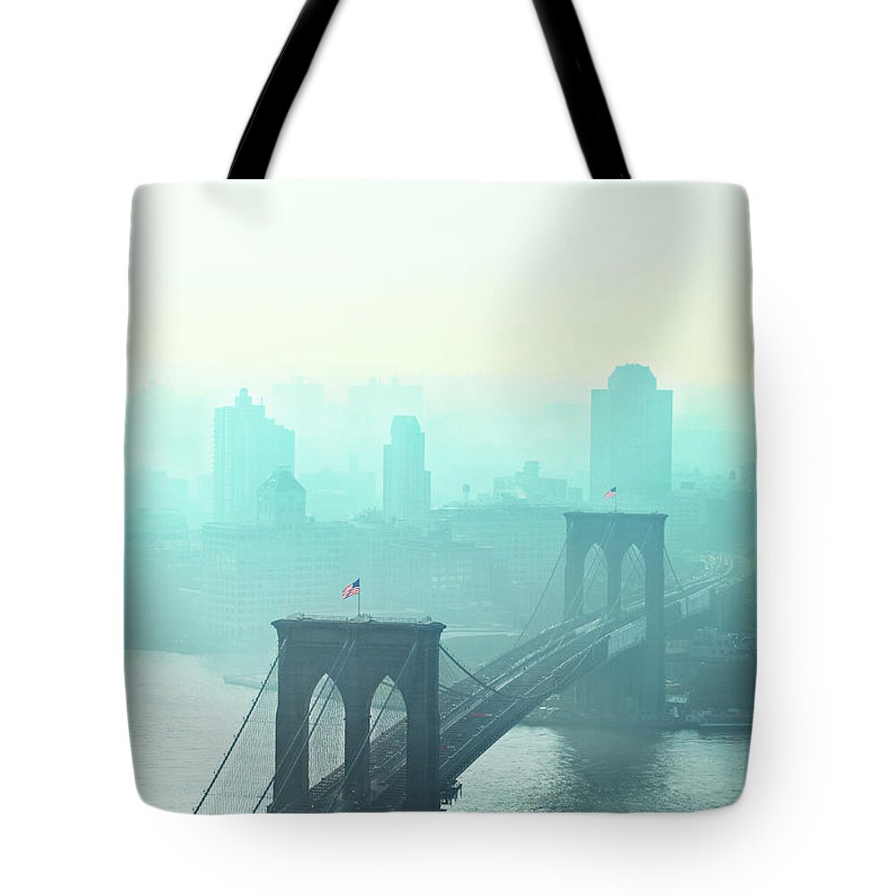 Dawn Tote Bag featuring the photograph Brooklyn Bridge At Dawn by Johner Images