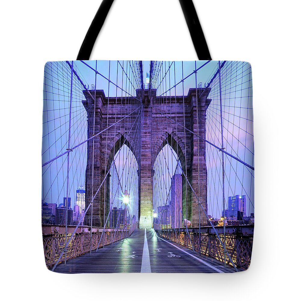 Arch Tote Bag featuring the photograph Brooklyn Bridge Walkway At Dawn, New by Andrew C Mace