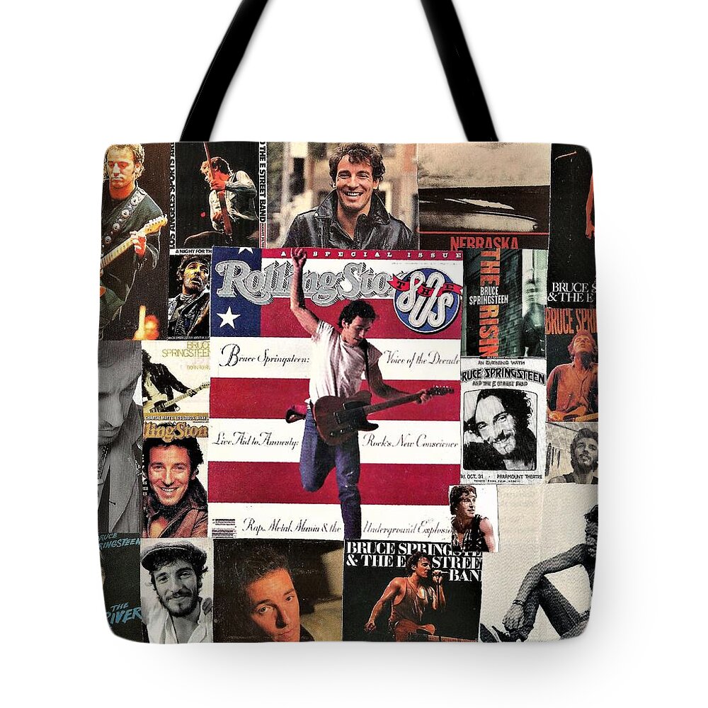 Collage Tote Bag featuring the digital art Bruce Springsteen Collage 1 by Doug Siegel