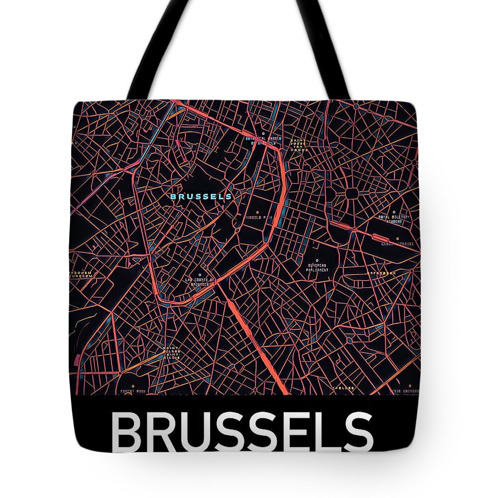 Brussels Tote Bag featuring the digital art Brussels City Map by HELGE Art Gallery
