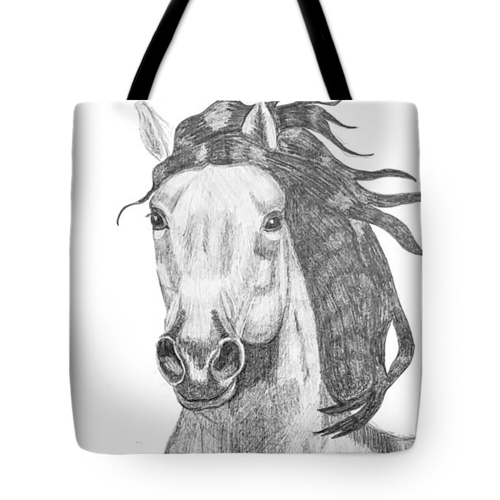 Paint Horse Tote Bag featuring the drawing Buckskin horse portrait by Equus Artisan