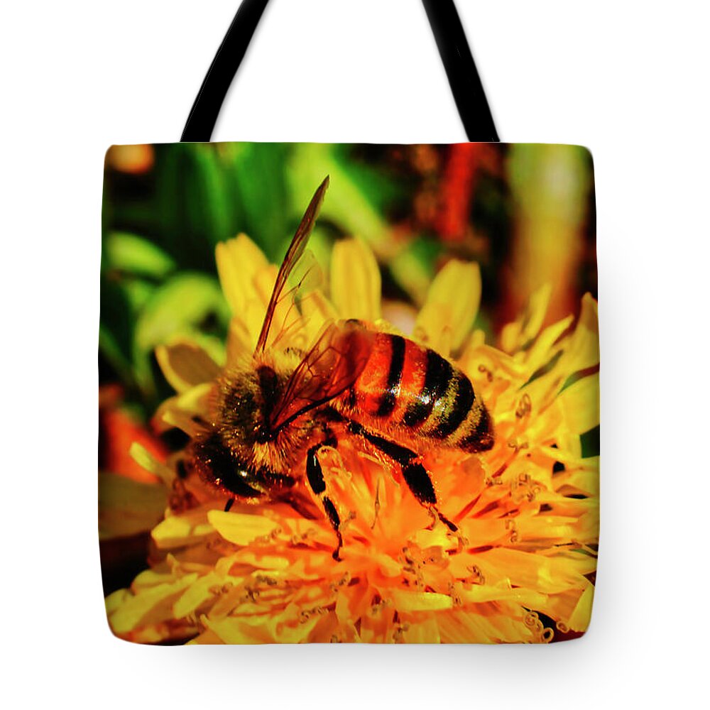 Macro Photography Tote Bag featuring the photograph Bumble Bee On Yellow Flower by Meta Gatschenberger