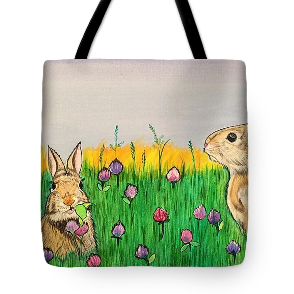 Bunnies Tote Bag featuring the painting Bunnies in Clover by Sonja Jones
