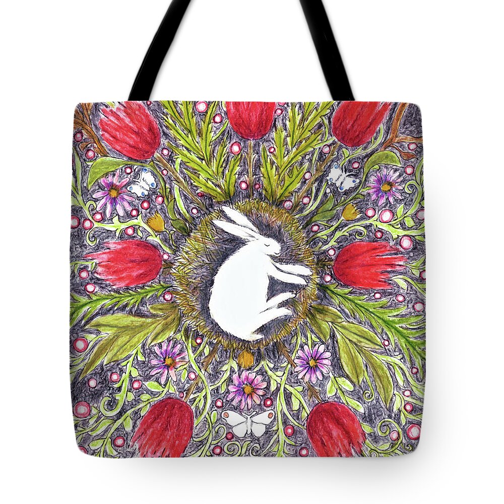 Lise Winne Tote Bag featuring the mixed media Bunny Nest with Red Flowers Variation by Lise Winne