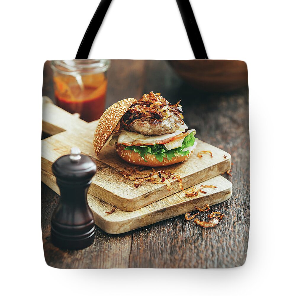 Unhealthy Eating Tote Bag featuring the photograph Burger With Lettuce, Tomato, Meat And by Eugene Mymrin