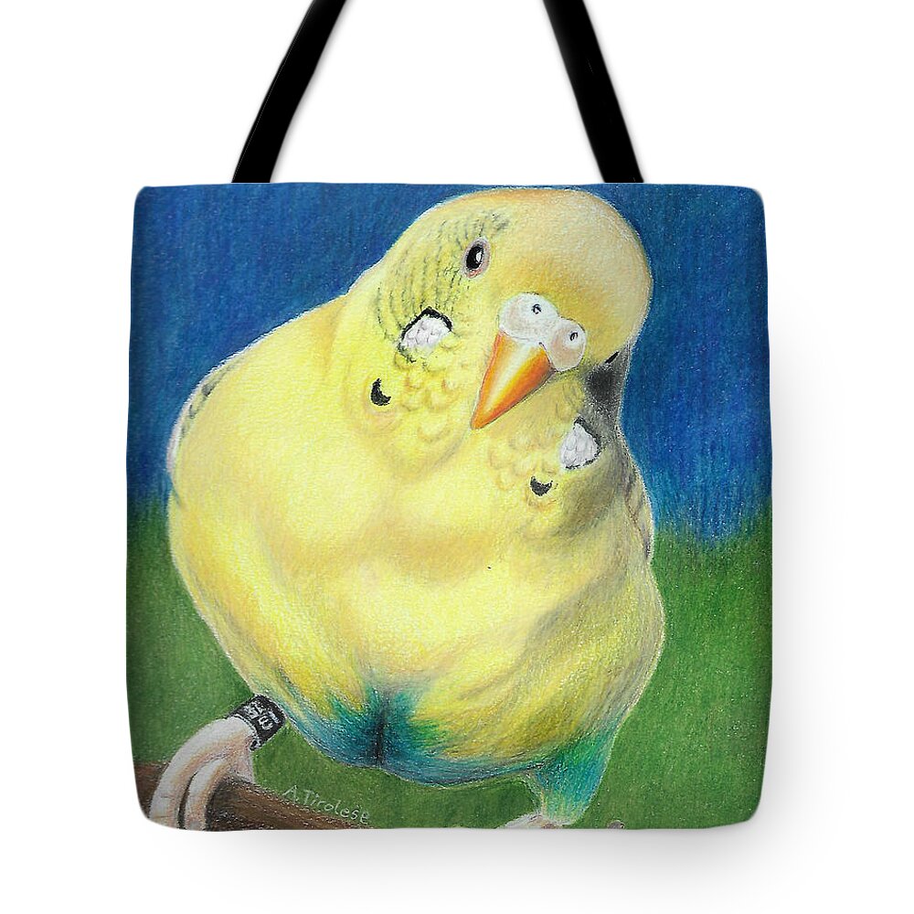 Budgie Tote Bag featuring the drawing Butter by Ana Tirolese
