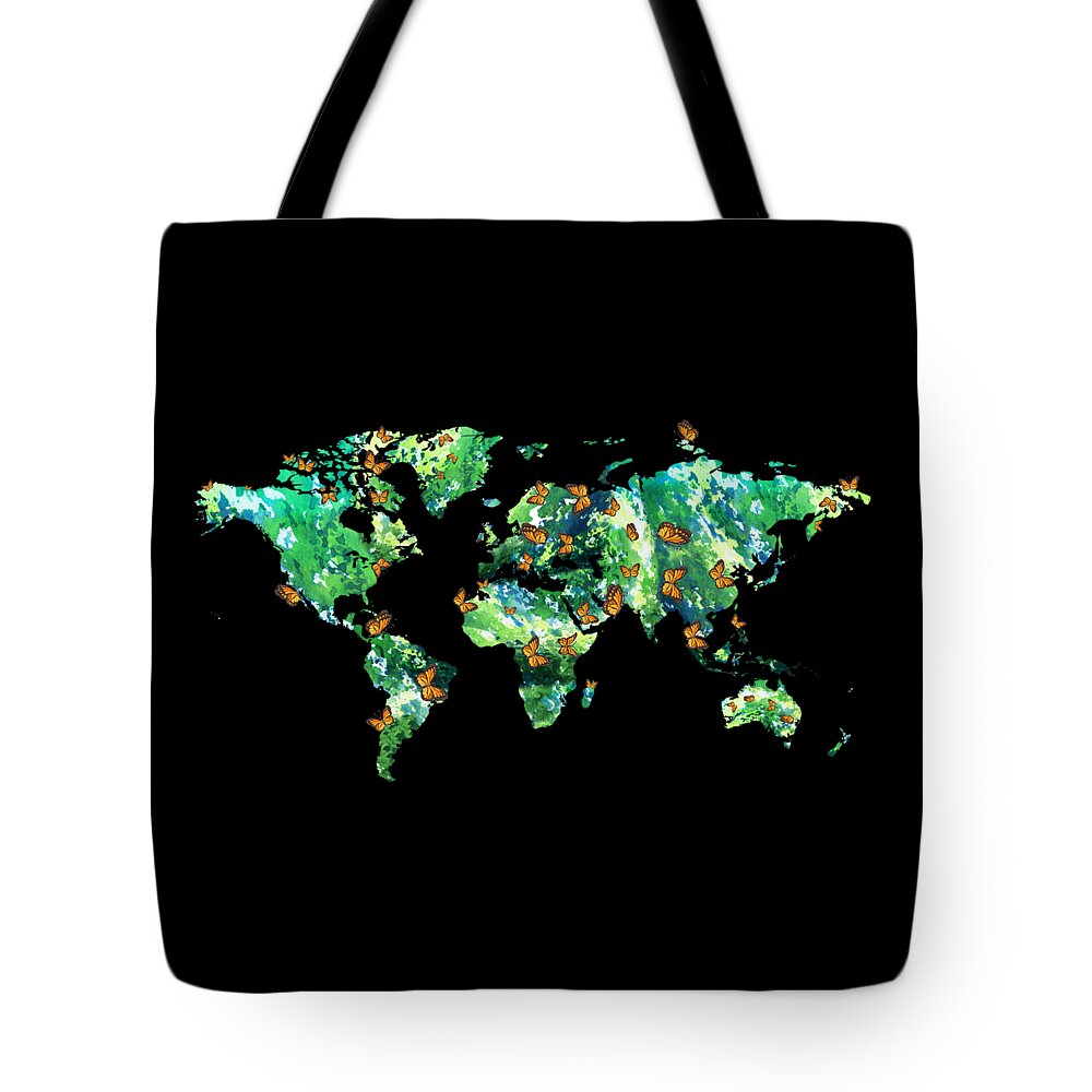 Butterfly Tote Bag featuring the painting Butterflies And Watercolor Silhouette World Map Colorful PNG XV by Irina Sztukowski