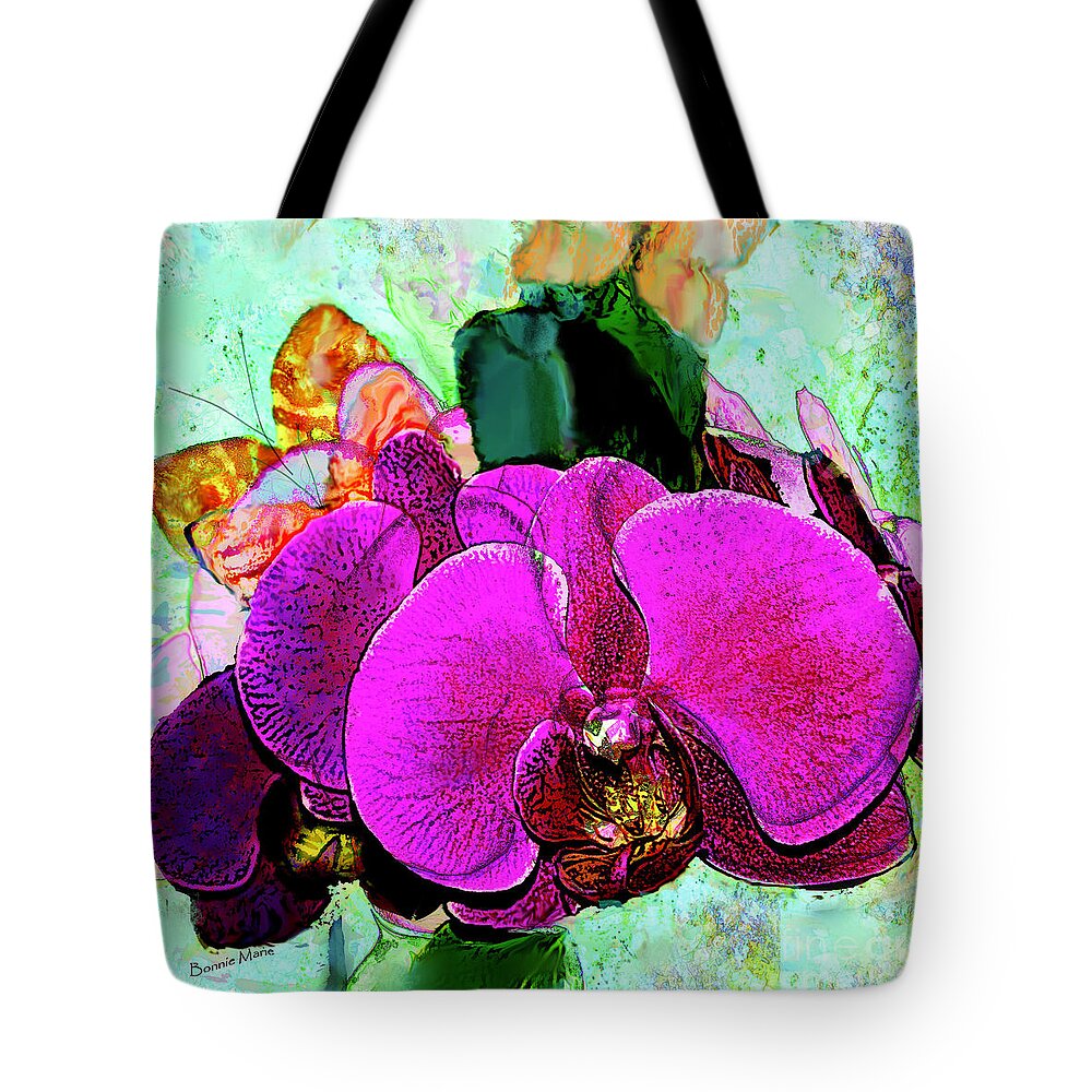 Butterfly Orchids And Butterflies Tote Bag featuring the mixed media Butterfly Orchids and Butterflies by Bonnie Marie
