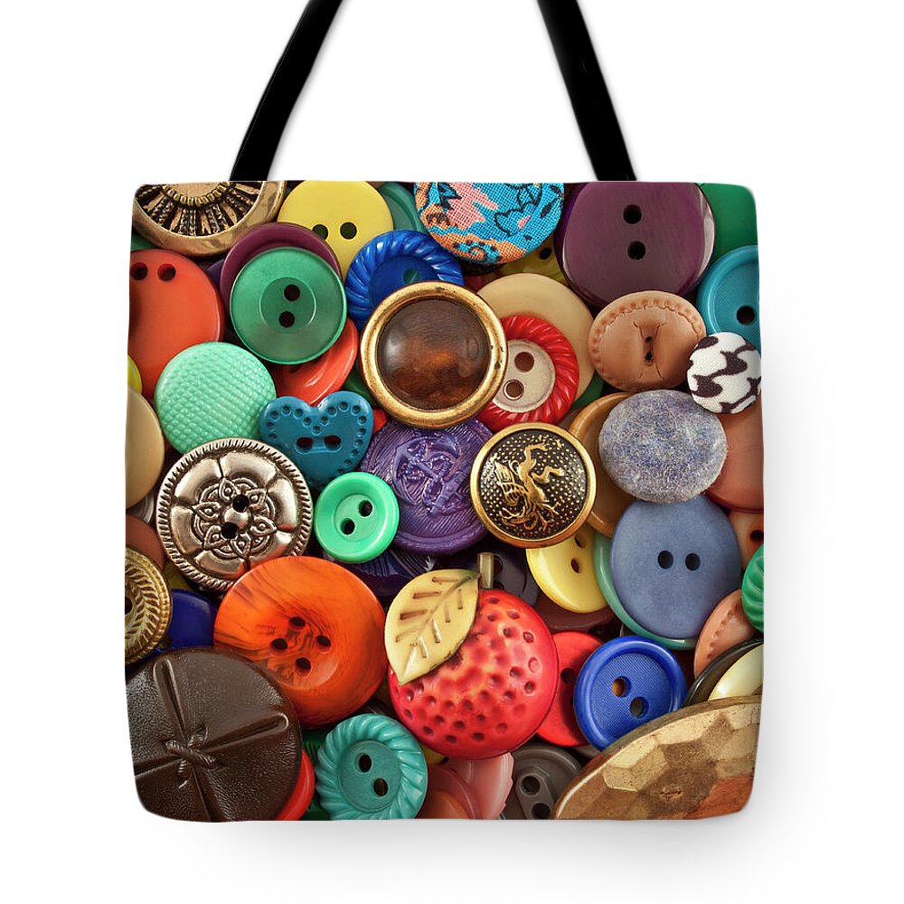 Large Group Of Objects Tote Bag featuring the photograph Buttons by Jeff Suhanick