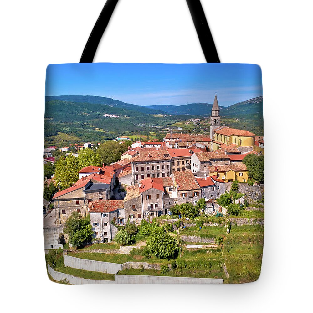 Buzet Tote Bag featuring the photograph Buzet. Idyllic hill town of Buzet in green landscape aerial view by Brch Photography