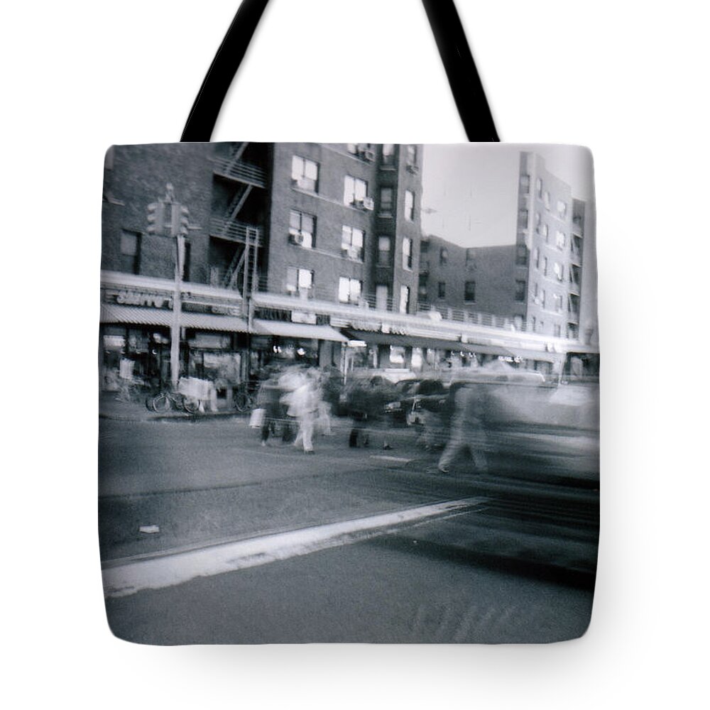 Lower Manhattan Tote Bag featuring the photograph B&w Busy Nyc Street Scene Film by Mikepanic