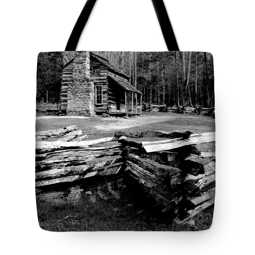 Cades Cove Tote Bag featuring the photograph BW Log Cabin at Cades Cove by Mike McBrayer
