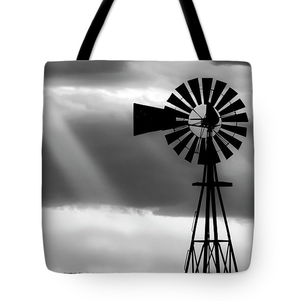 Kansas Tote Bag featuring the photograph BW Windmill and Crepuscular Rays -01 by Rob Graham