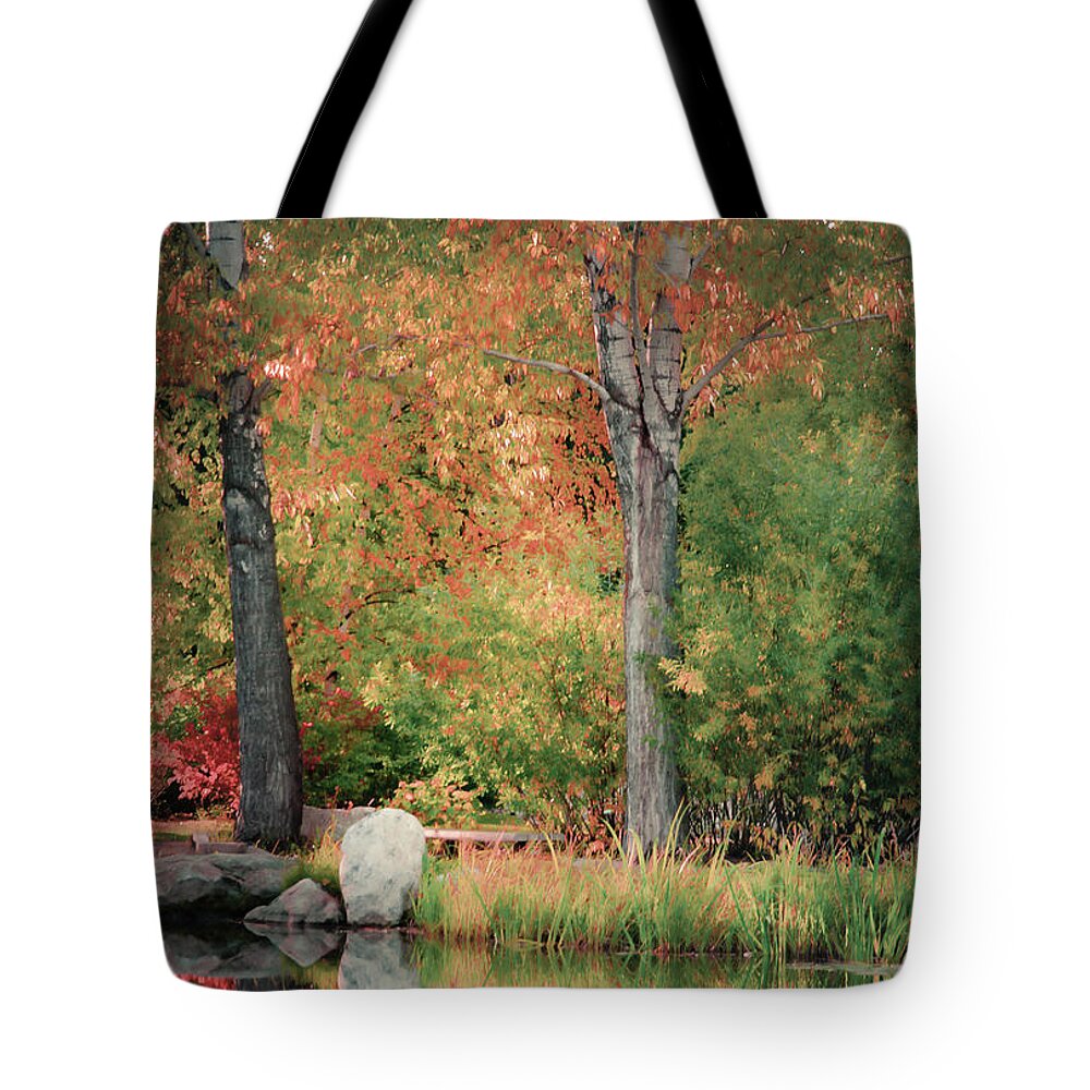 Autumn Colors Tote Bag featuring the photograph By the Pond by Don Schwartz