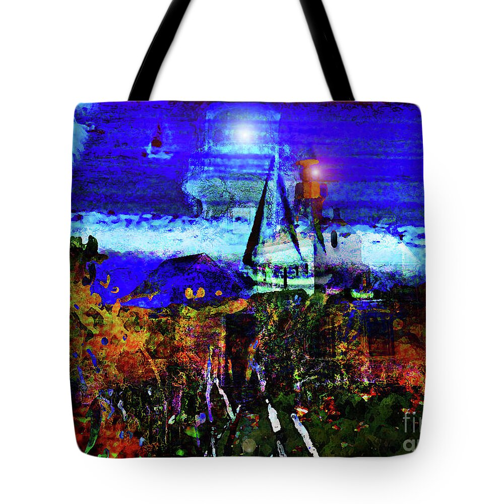 By The Sea Tote Bag featuring the mixed media By the Sea-Reflections of a Lighthouse by Bonnie Marie