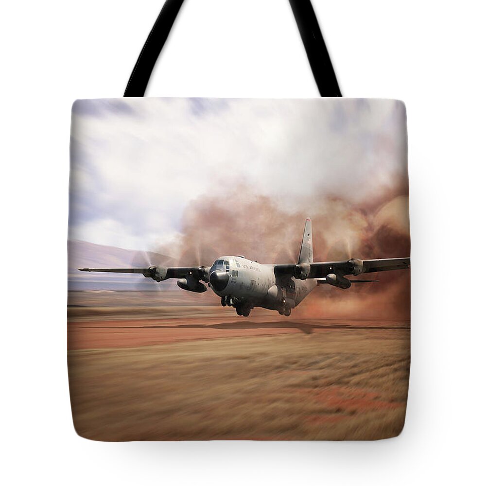 C-130 Hercules Tote Bag featuring the digital art C130 Dirt Strip Landing by Airpower Art