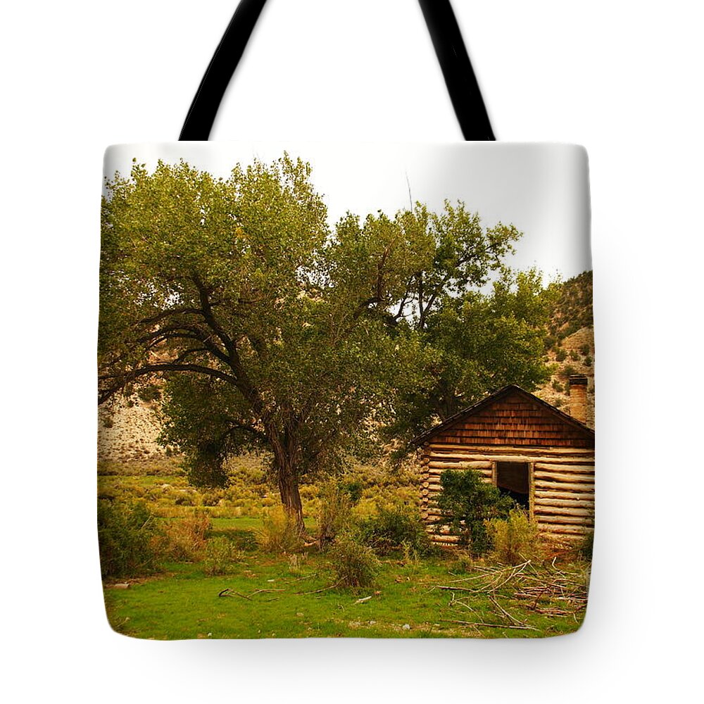 Cabin Tote Bag featuring the photograph Cabin next to a tree by Jeff Swan