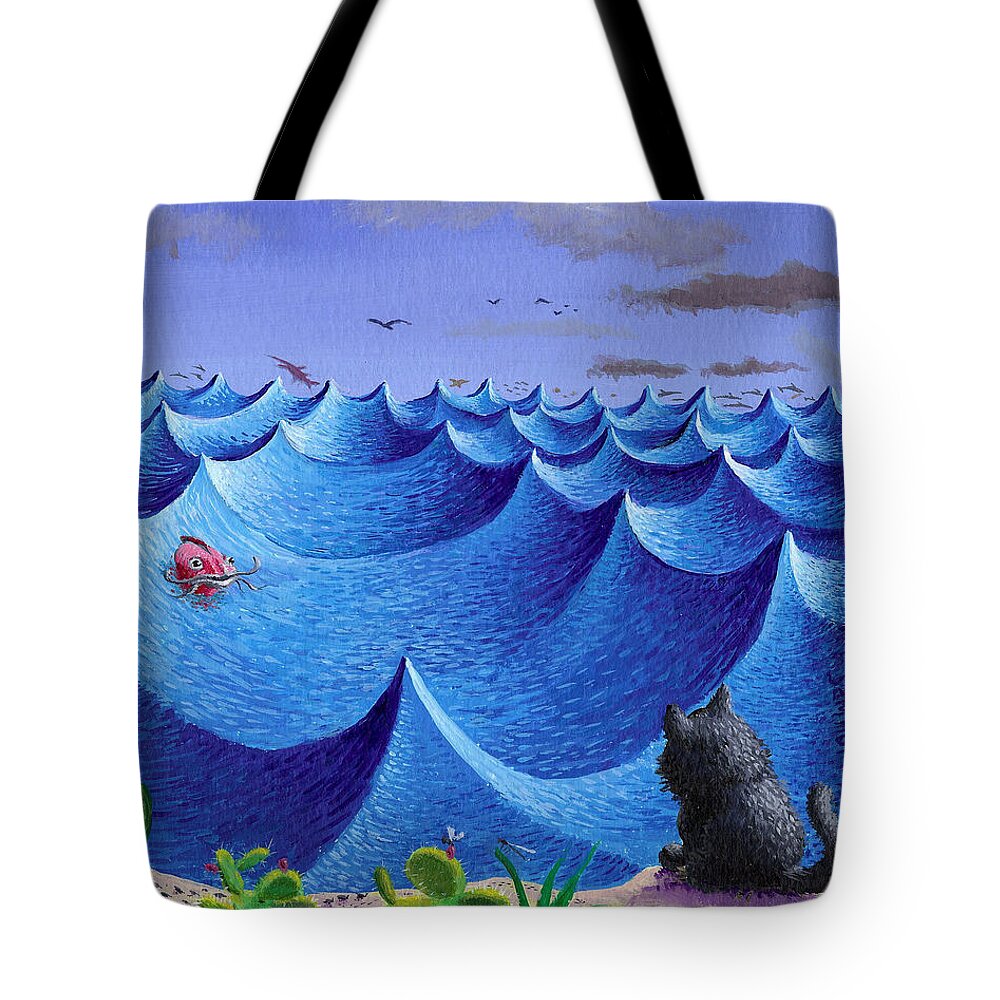 Sea Tote Bag featuring the painting Cactus, Cat, Fish by Sam Hurt