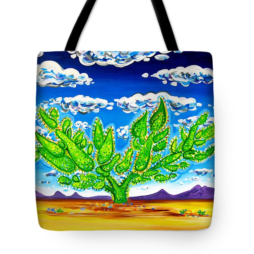 Rachel Houseman Tote Bag featuring the painting Cactus in the Clouds II by Rachel Houseman