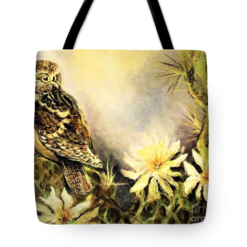 Owl Tote Bag featuring the painting Cactus Owl by Linda Shackelford