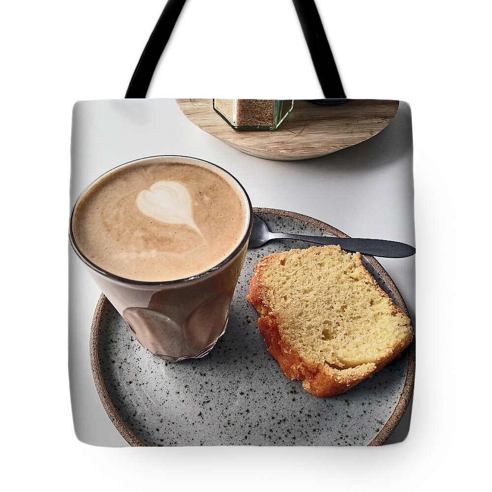  Tote Bag featuring the photograph CAFE. Latte and Cake. by Lachlan Main