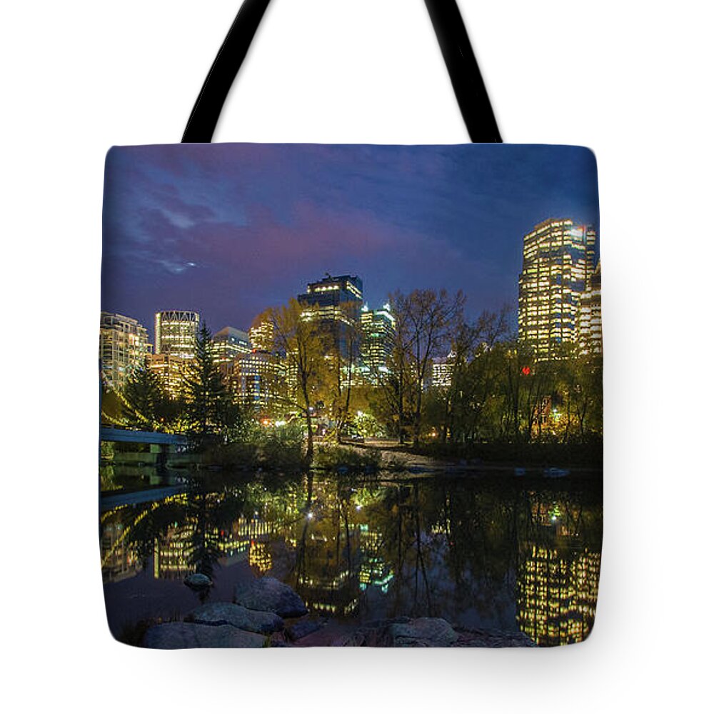 Calgary Tote Bag featuring the photograph Calgary Skyline at Night by Tim Kathka