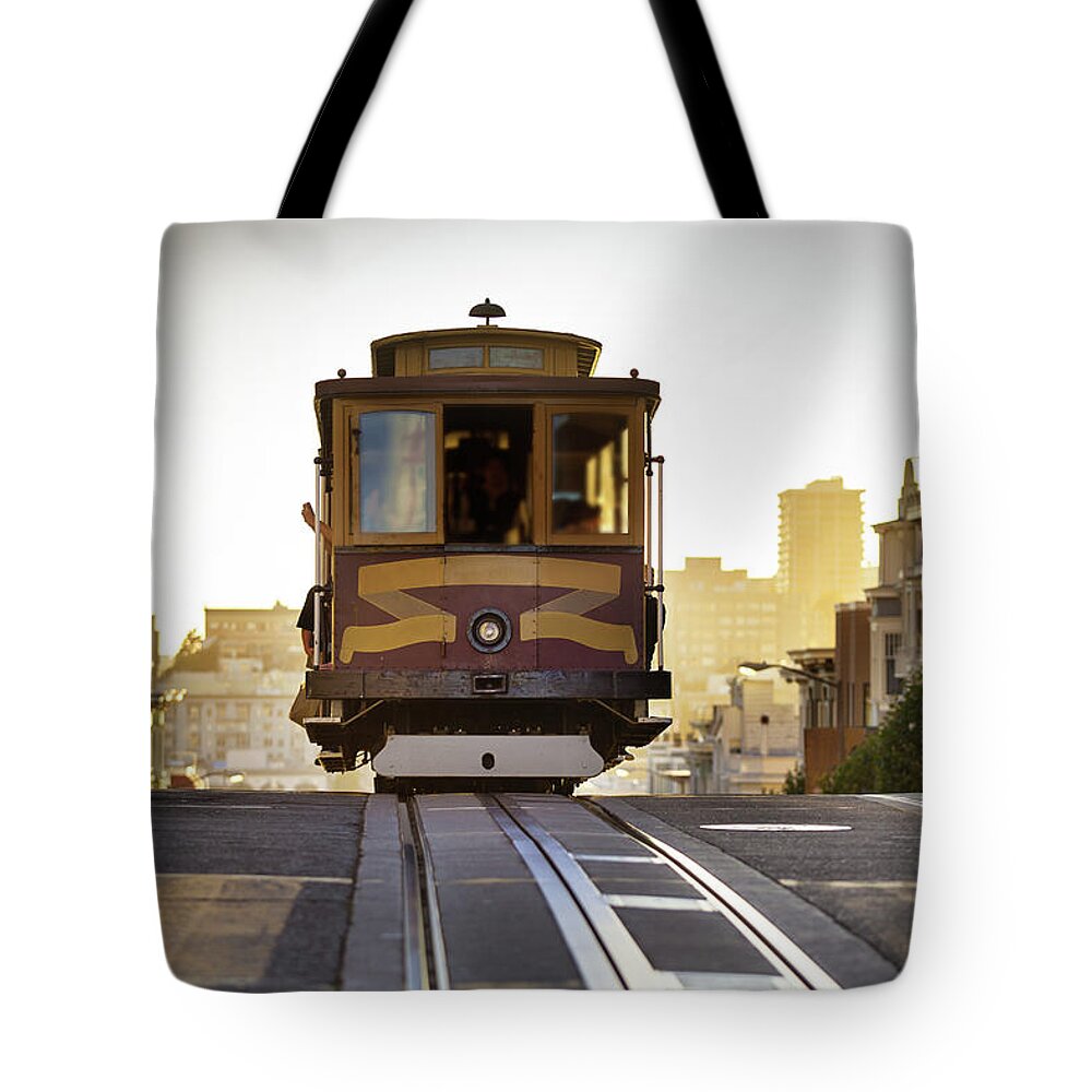 Railroad Track Tote Bag featuring the photograph California Street Cable Car by Hal Bergman Photography
