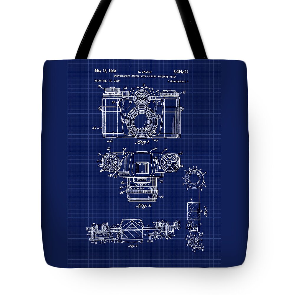 Patent Drawings Tote Bag featuring the photograph Camera and Meter Patent CAD Drawing by Carlos Diaz