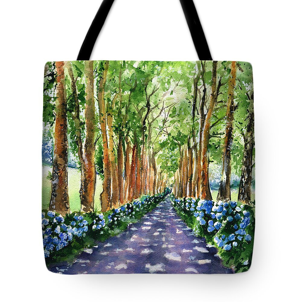 Azores Tote Bag featuring the painting Caminho Vermelho Azores Portugal by Dora Hathazi Mendes