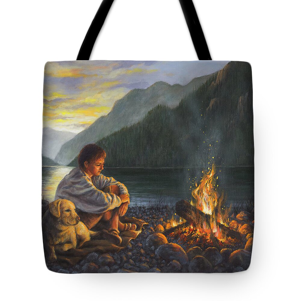 Campfire Tote Bag featuring the painting Campfire Companions by Kim Lockman