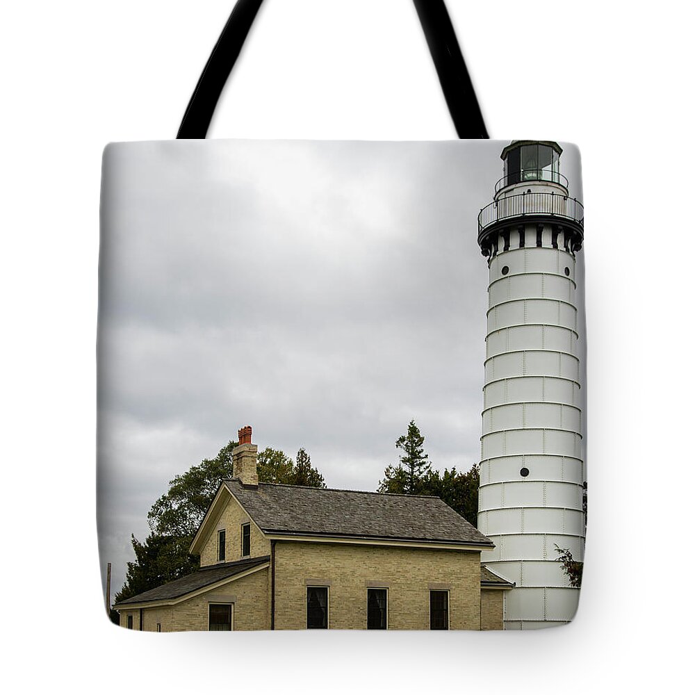 Architecture Tote Bag featuring the photograph CANA ISLAND LIGHTHOUSE Door County Wisconsin Lake Michigan Great Lakes Upper Midwest by Wayne Moran
